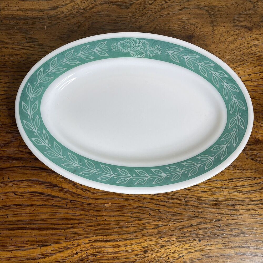 Laurel Leaf Pyrex Corning 11.5" X‎ 7.75" Oval DINNER Plate Turquoise Blue 1950's